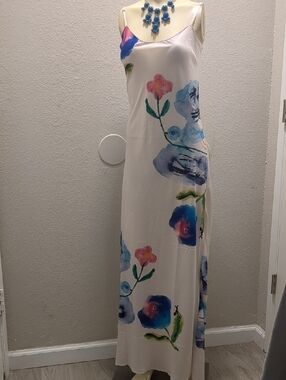 Anthropologie Cream Maxi Slip Dress with Blue and Pink Floral Print